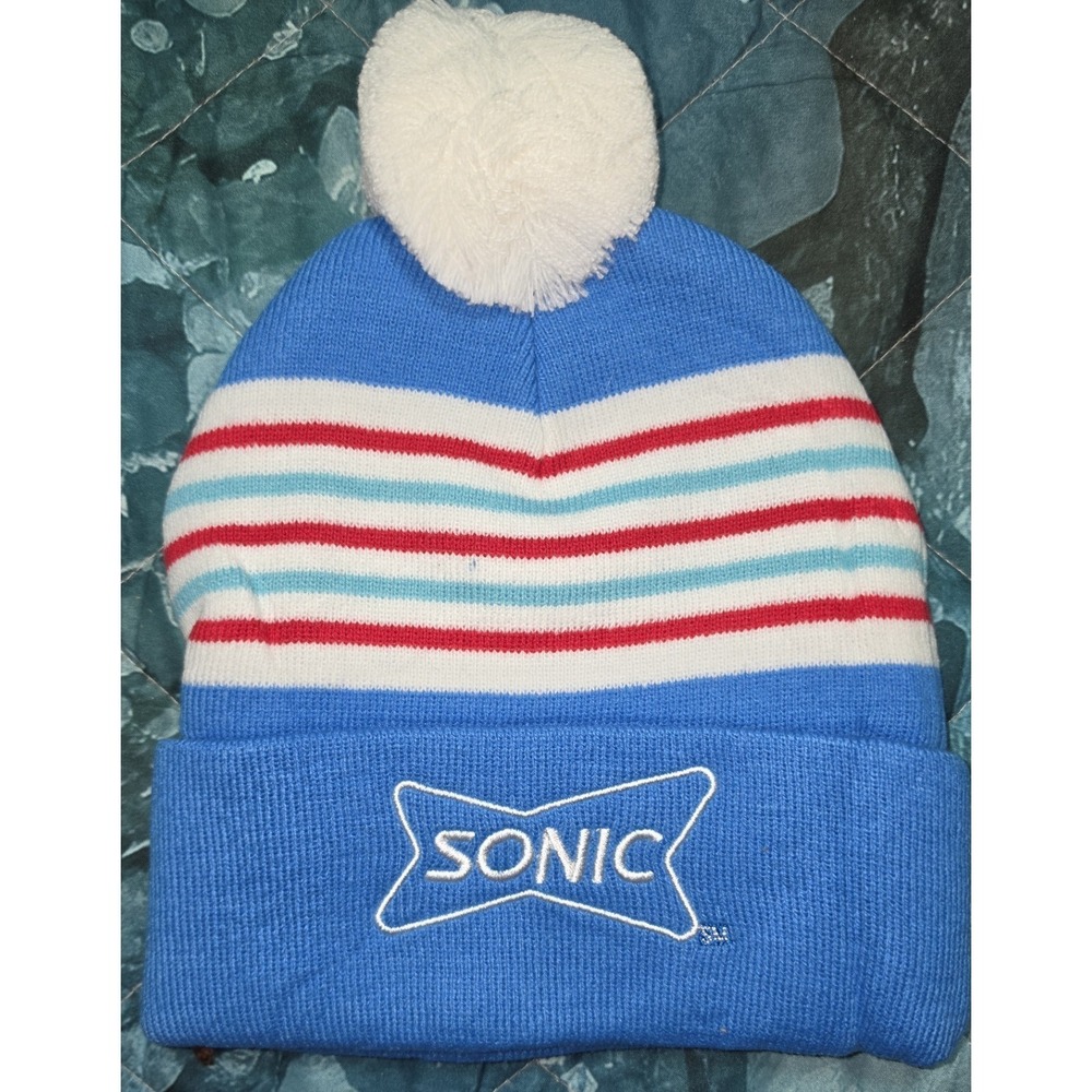 Sonic Drive-In Blue Striped Knit Beanie Cap with Puffball Barco One Size Mens